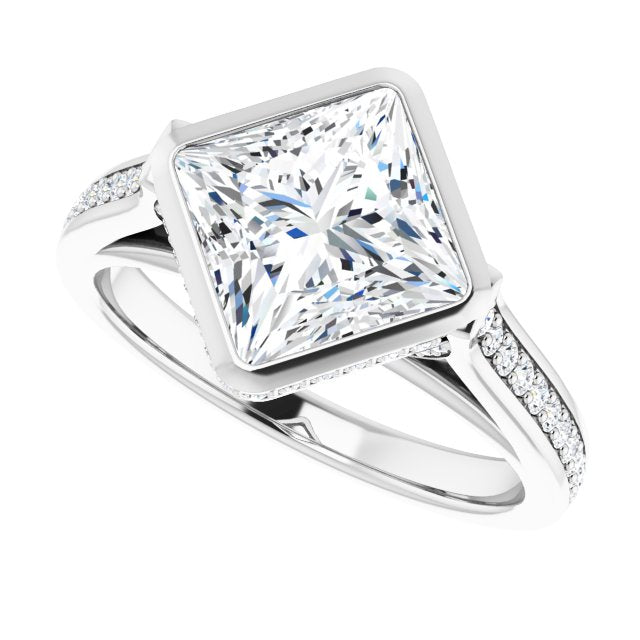 Cubic Zirconia Engagement Ring- The Jada (Customizable Cathedral-Bezel Princess/Square Cut Design with Under Halo and Shared Prong Band)
