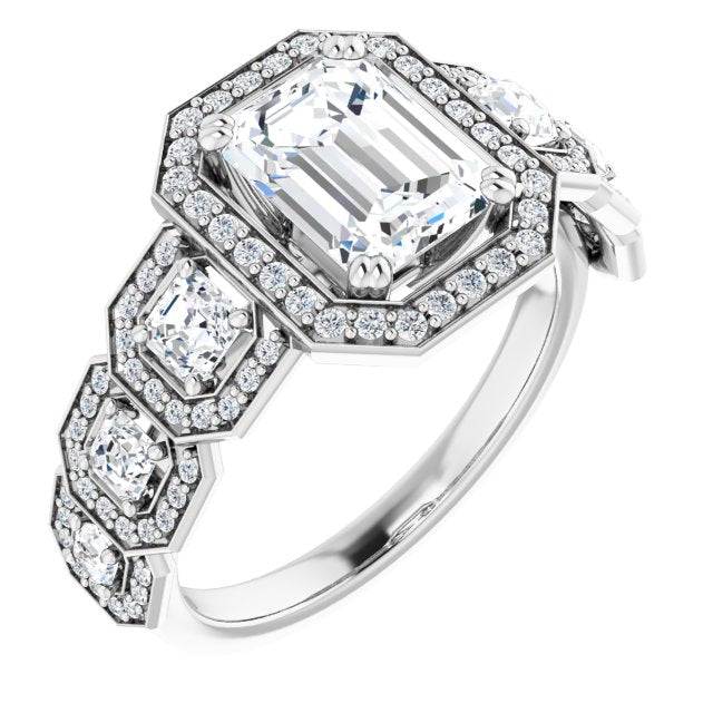 Cubic Zirconia Engagement Ring- The Carmela (Customizable Cathedral-Halo Radiant Cut Design with Six Halo-surrounded Asscher Cut Accents and Ultra-wide Band)