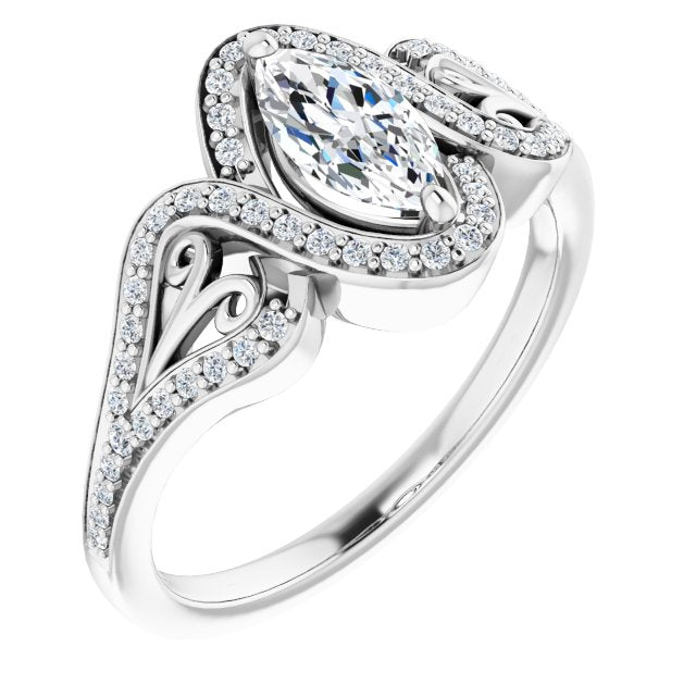 10K White Gold Customizable Marquise Cut Design with Bypass Halo and Split-Shared Prong Band