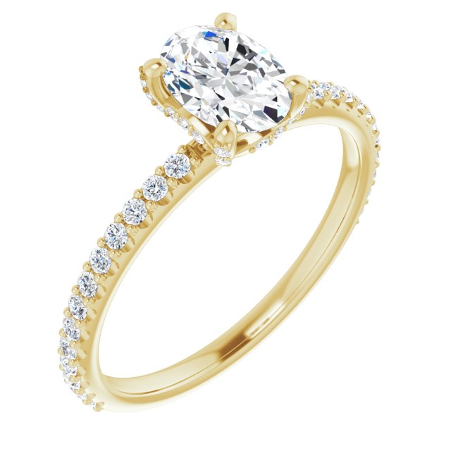 10K Yellow Gold Customizable Oval Cut Design with Round-Accented Band, Micropav? Under-Halo and Decorative Prong Accents)