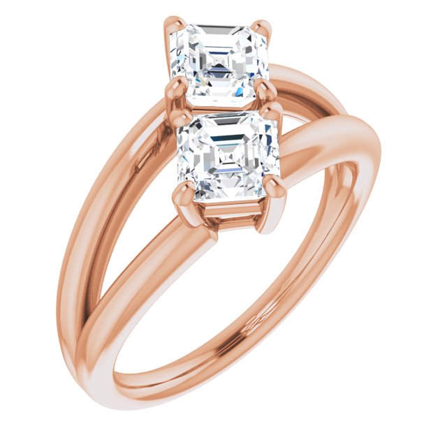 10K Rose Gold Customizable Two Stone Double Asscher Cut Design with Split Bypass Band