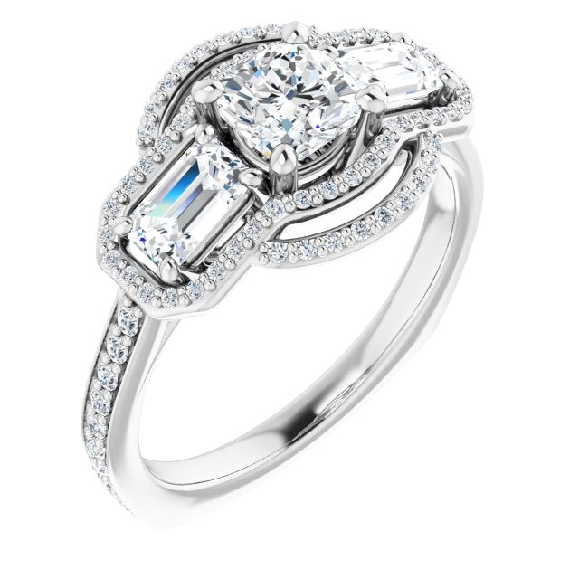 10K White Gold Customizable Enhanced 3-stone Style with Cushion Cut Center, Emerald Cut Accents, Double Halo and Thin Shared Prong Band