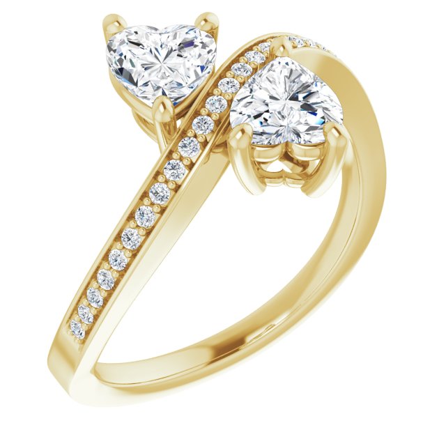 10K Yellow Gold Customizable 2-stone Heart Cut Bypass Design with Thin Twisting Shared Prong Band