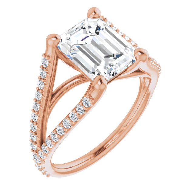 10K Rose Gold Customizable Cathedral-raised Emerald/Radiant Cut Center with Exquisite Accented Split-band