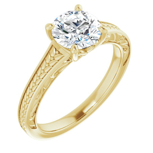 10K Yellow Gold Customizable Round Cut Solitaire with Organic Textured Band and Decorative Prong Basket