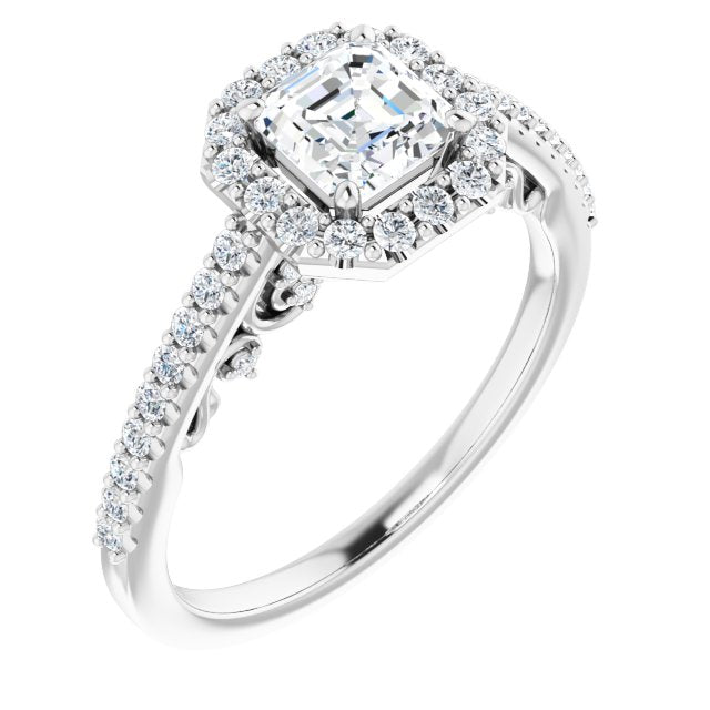 10K White Gold Customizable Cathedral-Halo Asscher Cut Design with Carved Metal Accent plus Pavé Band