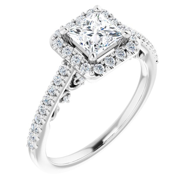 10K White Gold Customizable Cathedral-Halo Princess/Square Cut Design with Carved Metal Accent plus Pavé Band