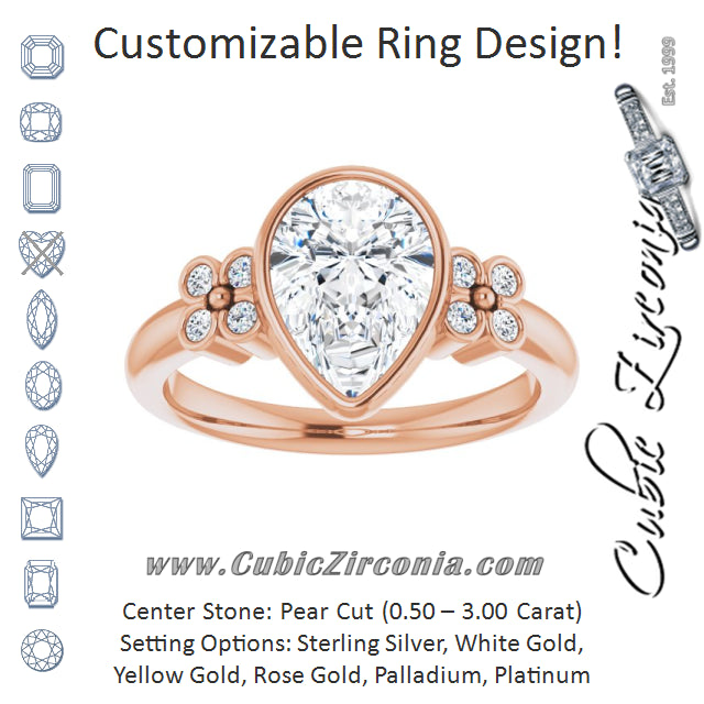 Cubic Zirconia Engagement Ring- The Kjerstin Rose (Customizable 9-stone Bezel-set Pear Cut Design with Quad Round Bezel Side Stones Each Side)