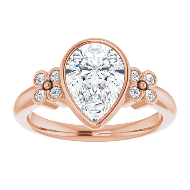 Cubic Zirconia Engagement Ring- The Kjerstin Rose (Customizable 9-stone Bezel-set Pear Cut Design with Quad Round Bezel Side Stones Each Side)