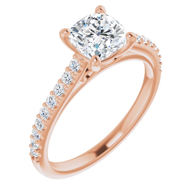 10K Rose Gold Customizable Cathedral-raised Cushion Cut Design with Accented Band and Infinity Symbol Trellis Decoration
