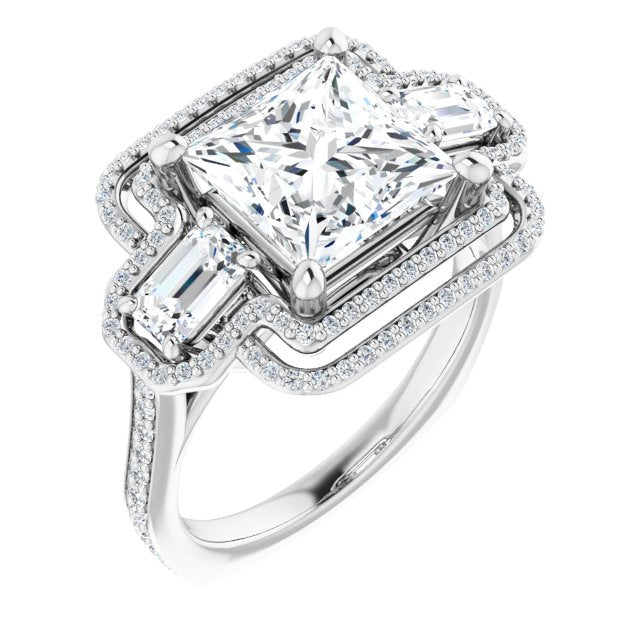 10K White Gold Customizable Enhanced 3-stone Style with Princess/Square Cut Center, Emerald Cut Accents, Double Halo and Thin Shared Prong Band