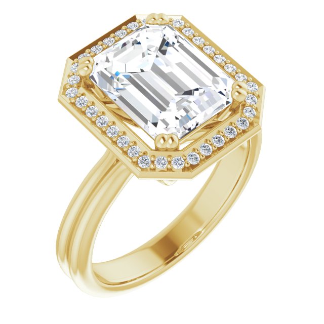 10K Yellow Gold Customizable Emerald/Radiant Cut Style with Scooped Halo and Grooved Band