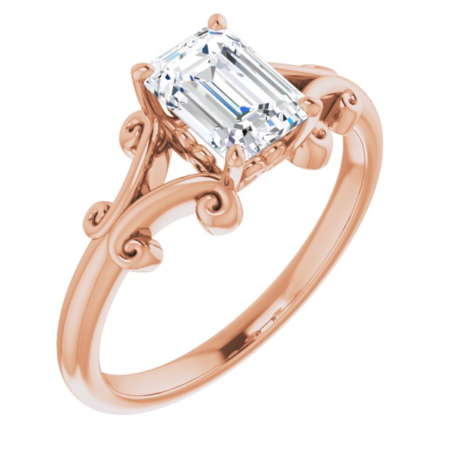 10K Rose Gold Customizable Emerald/Radiant Cut Solitaire with Band Flourish and Decorative Trellis