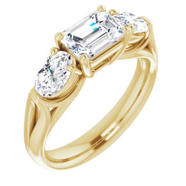 10K Yellow Gold Customizable Cathedral-set 3-stone Emerald/Radiant Cut Style with Dual Oval Cut Accents & Wide Split Band