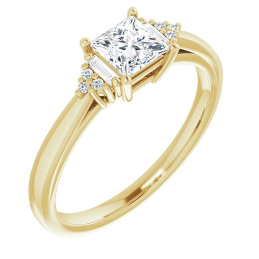 10K Yellow Gold Customizable 9-stone Design with Princess/Square Cut Center, Side Baguettes and Tri-Cluster Round Accents