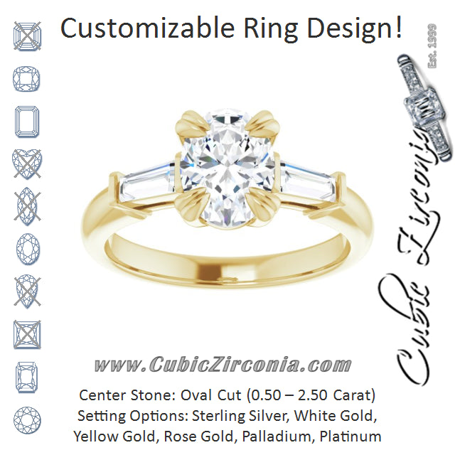 Cubic Zirconia Engagement Ring- The Betyhelena (Customizable 3-stone Oval Cut Design with Tapered Baguettes)