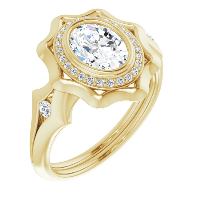 Cubic Zirconia Engagement Ring- The Jeanne (Customizable Bezel-set Oval Cut with Halo & Oversized Floral Design)