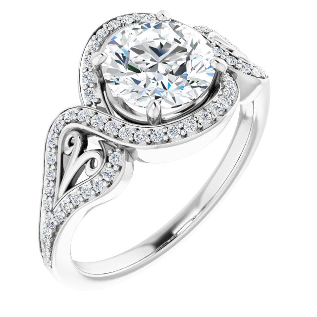 10K White Gold Customizable Round Cut Design with Bypass Halo and Split-Shared Prong Band