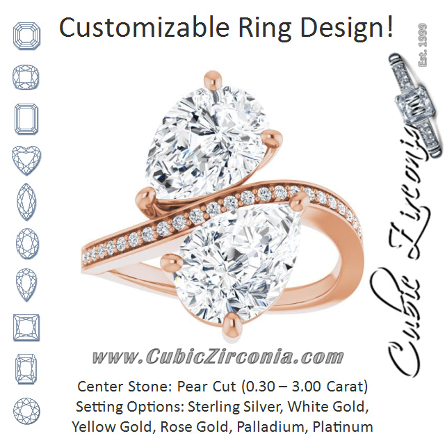 Cubic Zirconia Engagement Ring- The Ellie (Customizable 2-stone Pear Cut Bypass Design with Thin Twisting Shared Prong Band)