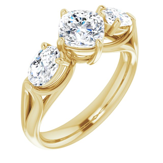 10K Yellow Gold Customizable Cathedral-set 3-stone Cushion Cut Style with Dual Oval Cut Accents & Wide Split Band