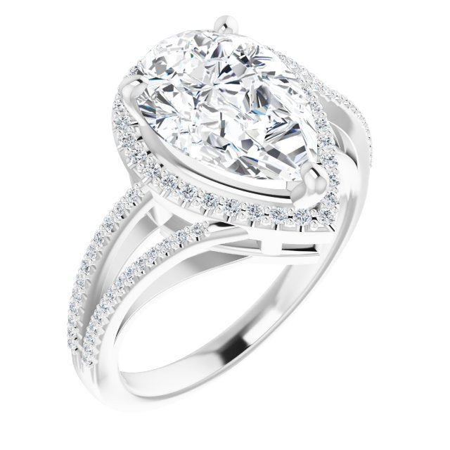 10K White Gold Customizable Pear Cut Vintage Design with Halo Style and Asymmetrical Split-Pavé Band