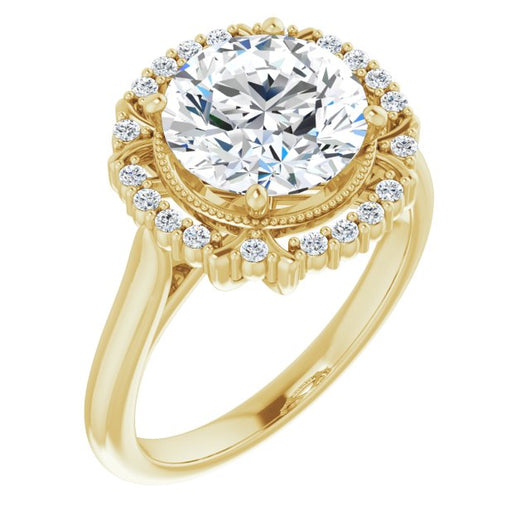 10K Yellow Gold Customizable Round Cut Design with Majestic Crown Halo and Raised Illusion Setting