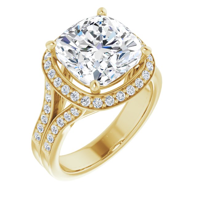 10K Yellow Gold Customizable Cushion Cut Halo Style with Accented Split-Band