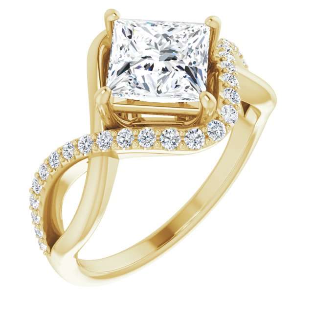 10K Yellow Gold Customizable Princess/Square Cut Design with Semi-Accented Twisting Infinity Bypass Split Band and Half-Halo
