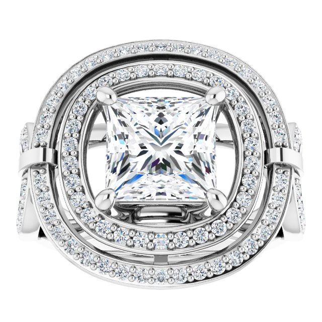 Cubic Zirconia Engagement Ring- The Daksha (Customizable Cathedral-set Princess/Square Cut Design with Double Halo & Accented Ultra-wide Horseshoe-inspired Split Band)