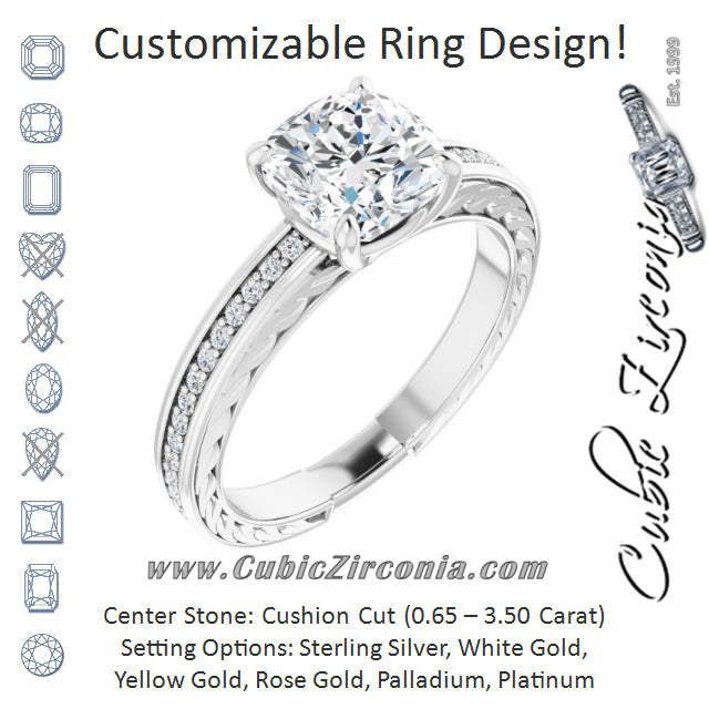 Cubic Zirconia Engagement Ring- The Angie (Customizable Cushion Cut Design with Rope-Filigree Hammered Inlay & Round Channel Accents)