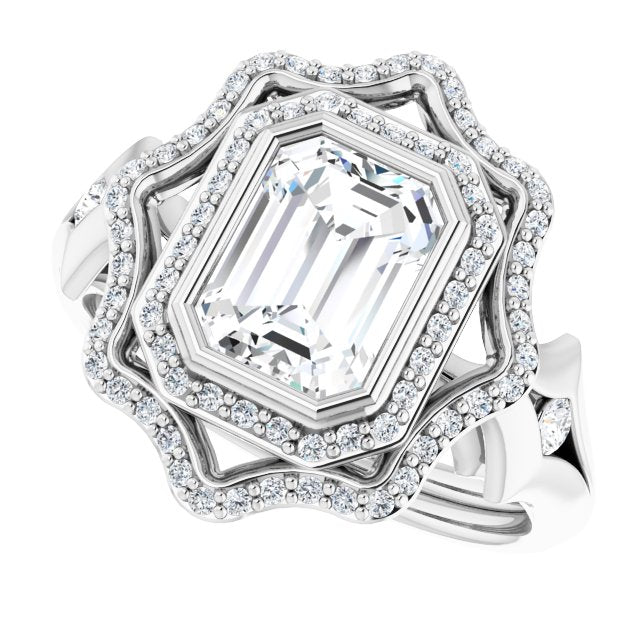 Cubic Zirconia Engagement Ring- The Cyra (Customizable Cathedral-bezel Radiant Cut Design with Floral Double Halo and Channel-Accented Split Band)