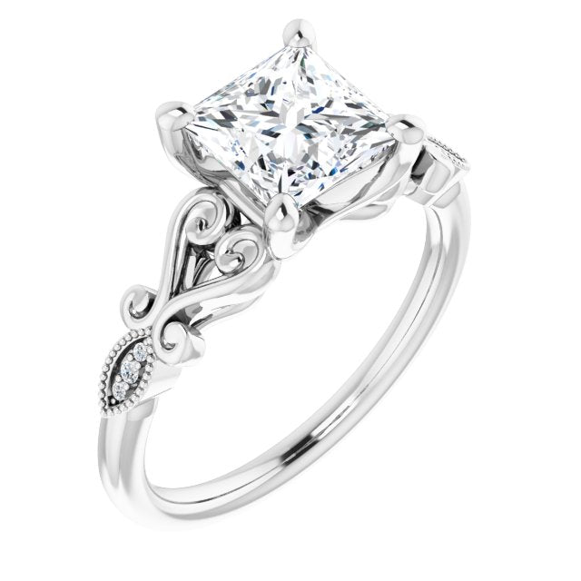 10K White Gold Customizable 7-stone Design with Princess/Square Cut Center Plus Sculptural Band and Filigree