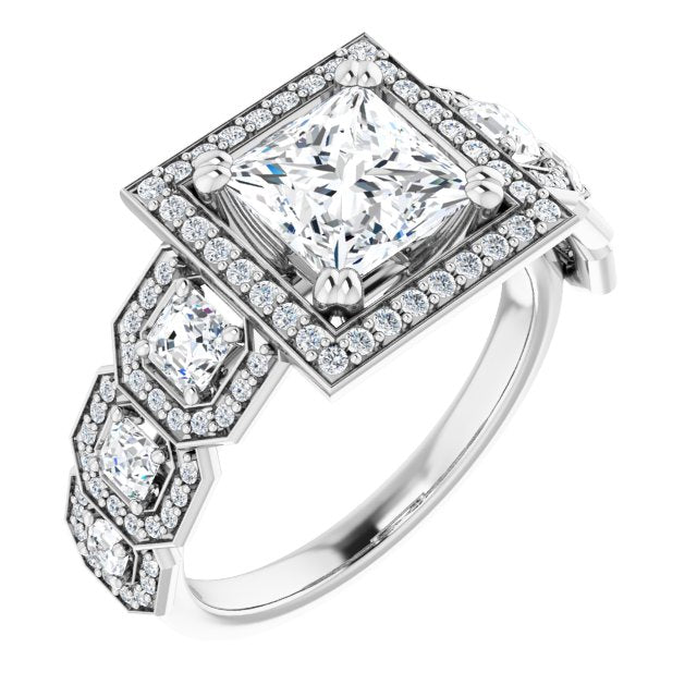 10K White Gold Customizable Cathedral-Halo Princess/Square Cut Design with Six Halo-surrounded Asscher Cut Accents and Ultra-wide Band