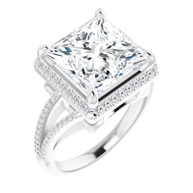 14K White Gold Customizable Princess/Square Cut Vintage Design with Halo Style and Asymmetrical Split-Pavé Band