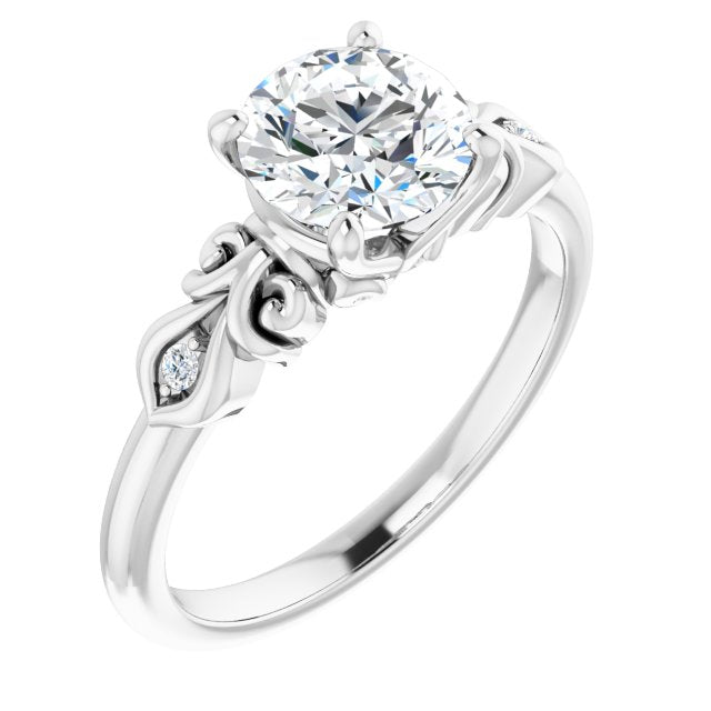 10K White Gold Customizable 3-stone Round Cut Design with Small Round Accents and Filigree