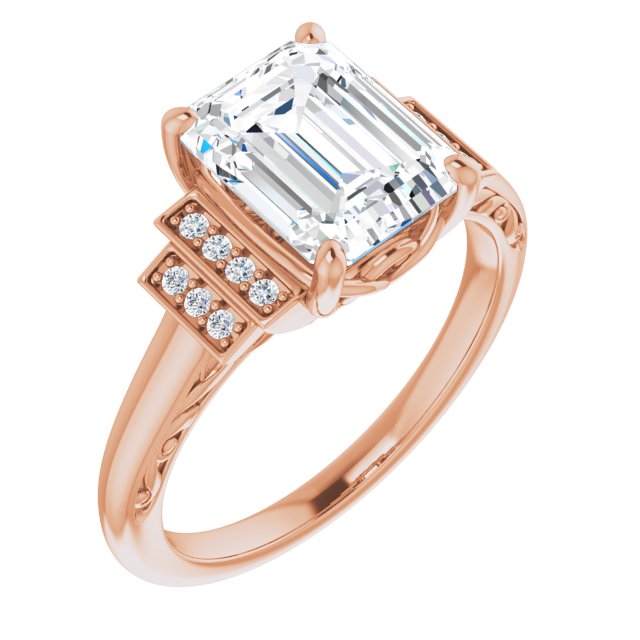 10K Rose Gold Customizable Engraved Design with Emerald/Radiant Cut Center and Perpendicular Band Accents