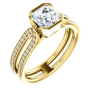 Cubic Zirconia Engagement Ring- The Mariela (Customizable Cathedral-Bezel Asscher Cut Style with Wide Straight Split-Pavé Band)