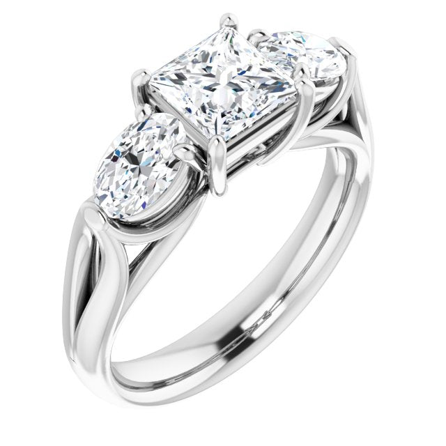 10K White Gold Customizable Cathedral-set 3-stone Princess/Square Cut Style with Dual Oval Cut Accents & Wide Split Band