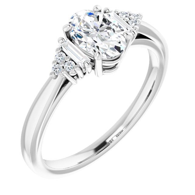 10K White Gold Customizable 9-stone Design with Oval Cut Center, Side Baguettes and Tri-Cluster Round Accents