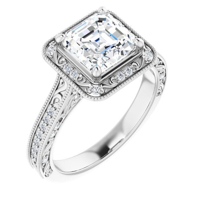 Cubic Zirconia Engagement Ring- The Eowyn (Customizable Vintage Artisan Asscher Cut Design with 3-Sided Filigree and Side Inlay Accent Enhancements)