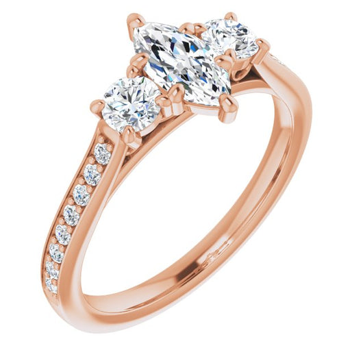 10K Rose Gold Customizable Marquise Cut Cathedral Setting with Filigree Design and Shared Prong Band