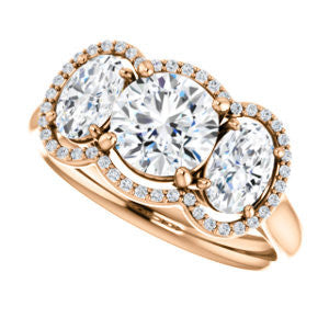 Cubic Zirconia Engagement Ring- The Carissa (Customizable Round Cut 3-stone Halo Style with Oval Accents)