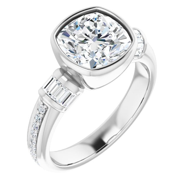 10K White Gold Customizable Cathedral-Bezel Cushion Cut Style with Horizontal Baguettes & Shared Prong Band