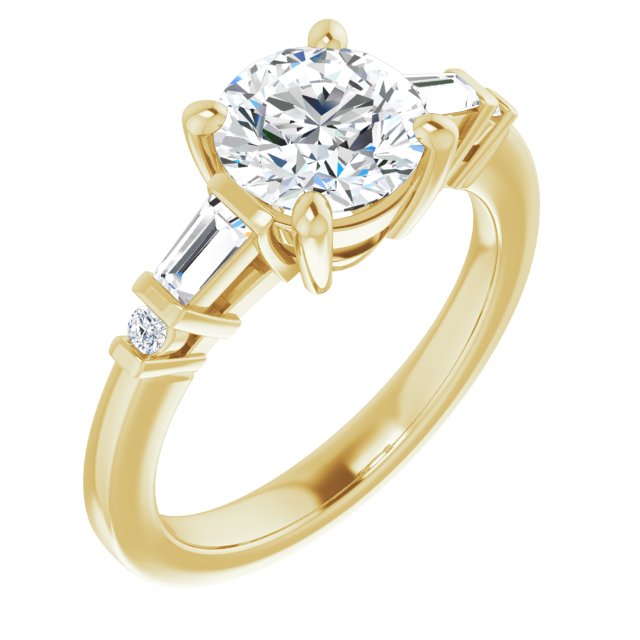 10K Yellow Gold Customizable 5-stone Baguette+Round-Accented Round Cut Design)