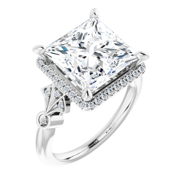 10K White Gold Customizable Cathedral-Crown Princess/Square Cut Design with Halo and Scalloped Side Stones