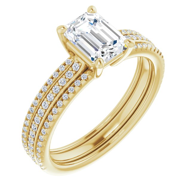 10K Yellow Gold Customizable Emerald/Radiant Cut Center with Wide Pavé Accented Band