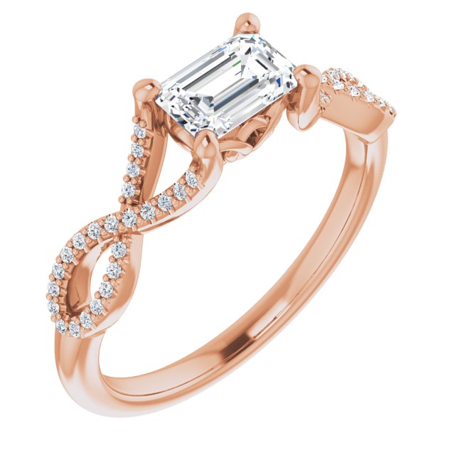 10K Rose Gold Customizable Emerald/Radiant Cut Design with Twisting Infinity-inspired, Pavé Split Band