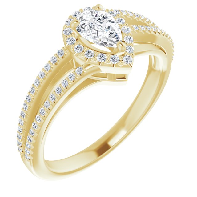 10K Yellow Gold Customizable Pear Cut Vintage Design with Halo Style and Asymmetrical Split-Pavé Band