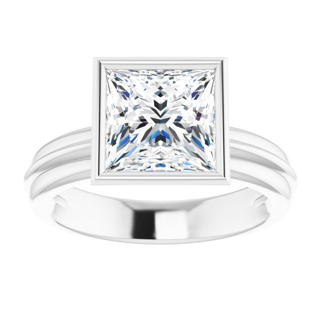Cubic Zirconia Engagement Ring- The Aretha (Customizable Bezel-set Princess/Square Cut Solitaire with Grooved Band)