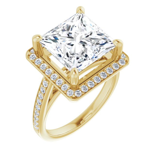 10K Yellow Gold Customizable Princess/Square Cut Style with Halo and Sculptural Trellis